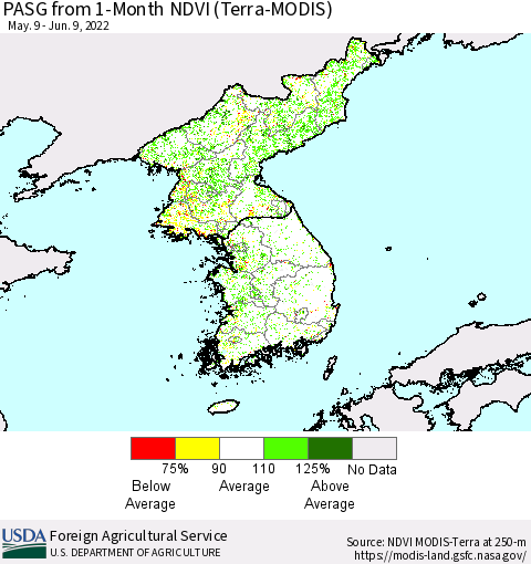 Korea PASG from 1-Month NDVI (Terra-MODIS) Thematic Map For 6/1/2022 - 6/10/2022