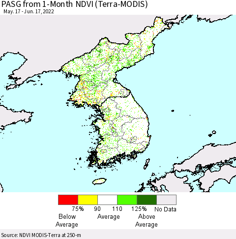 Korea PASG from 1-Month NDVI (Terra-MODIS) Thematic Map For 6/10/2022 - 6/17/2022