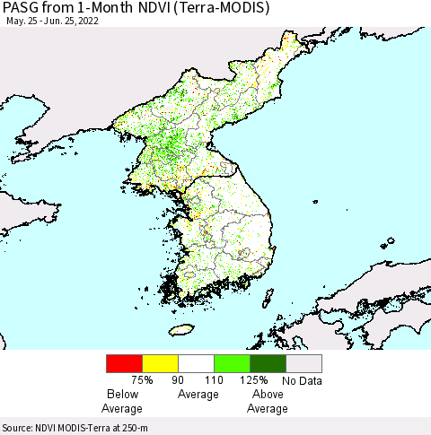 Korea PASG from 1-Month NDVI (Terra-MODIS) Thematic Map For 6/18/2022 - 6/25/2022