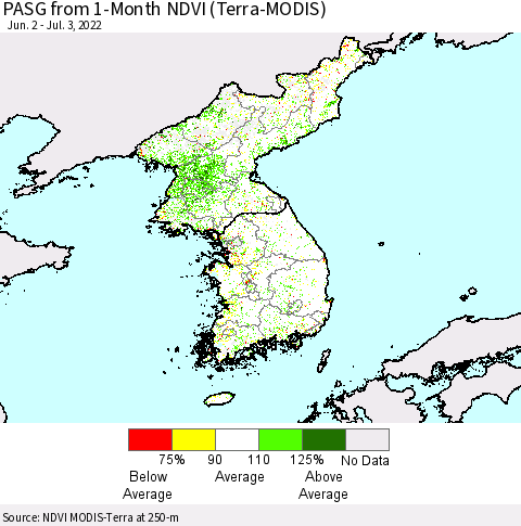 Korea PASG from 1-Month NDVI (Terra-MODIS) Thematic Map For 6/26/2022 - 7/3/2022