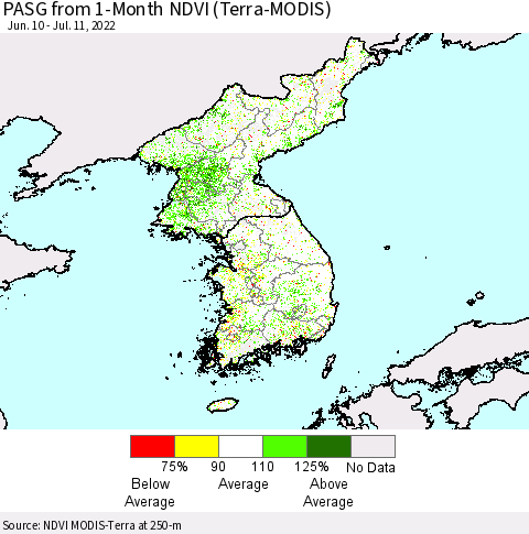 Korea PASG from 1-Month NDVI (Terra-MODIS) Thematic Map For 7/4/2022 - 7/11/2022