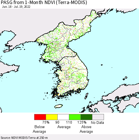 Korea PASG from 1-Month NDVI (Terra-MODIS) Thematic Map For 7/12/2022 - 7/19/2022