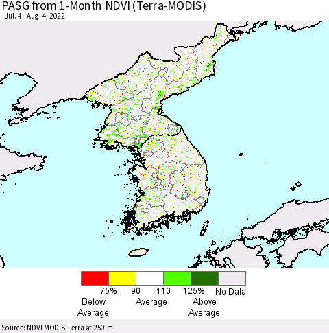Korea PASG from 1-Month NDVI (Terra-MODIS) Thematic Map For 7/28/2022 - 8/4/2022