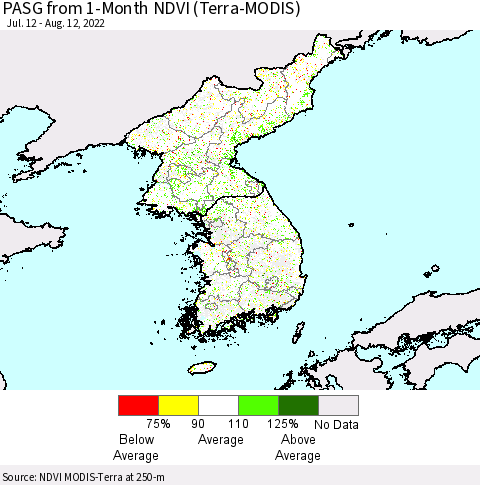 Korea PASG from 1-Month NDVI (Terra-MODIS) Thematic Map For 8/5/2022 - 8/12/2022