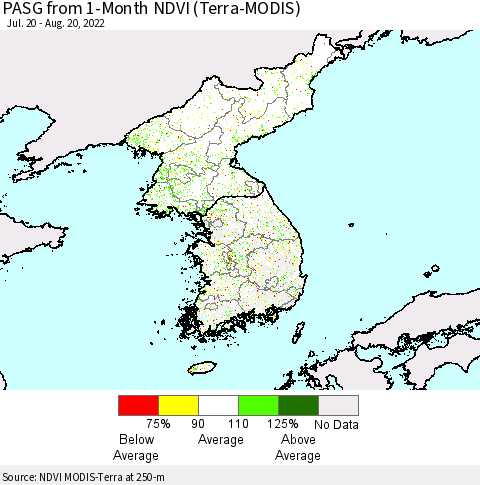 Korea PASG from 1-Month NDVI (Terra-MODIS) Thematic Map For 8/11/2022 - 8/20/2022