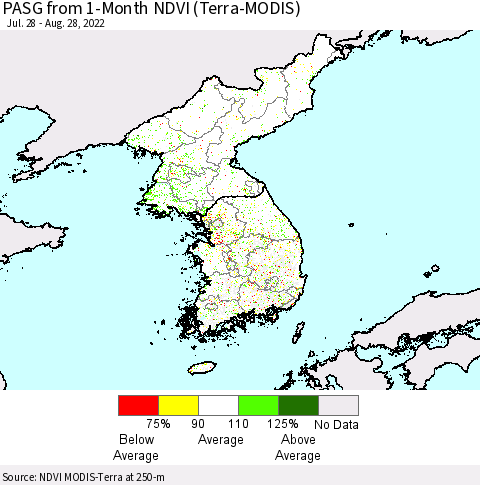 Korea PASG from 1-Month NDVI (Terra-MODIS) Thematic Map For 8/21/2022 - 8/28/2022