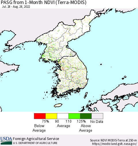 Korea PASG from 1-Month NDVI (Terra-MODIS) Thematic Map For 8/21/2022 - 8/31/2022