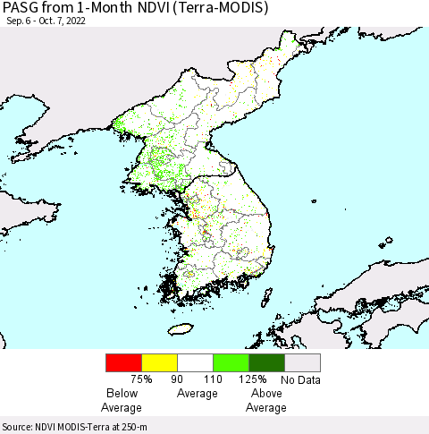 Korea PASG from 1-Month NDVI (Terra-MODIS) Thematic Map For 9/30/2022 - 10/7/2022