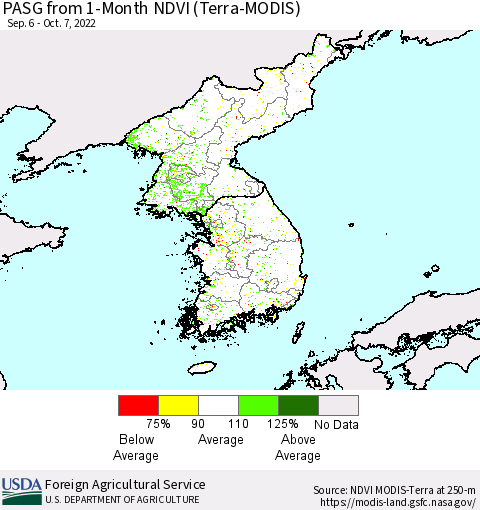 Korea PASG from 1-Month NDVI (Terra-MODIS) Thematic Map For 10/1/2022 - 10/10/2022