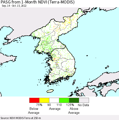 Korea PASG from 1-Month NDVI (Terra-MODIS) Thematic Map For 10/8/2022 - 10/15/2022