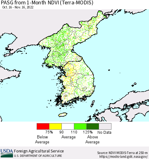 Korea PASG from 1-Month NDVI (Terra-MODIS) Thematic Map For 11/11/2022 - 11/20/2022