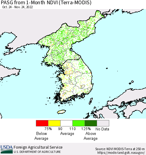 Korea PASG from 1-Month NDVI (Terra-MODIS) Thematic Map For 11/21/2022 - 11/30/2022