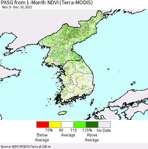 Korea PASG from 1-Month NDVI (Terra-MODIS) Thematic Map For 12/1/2022 - 12/10/2022