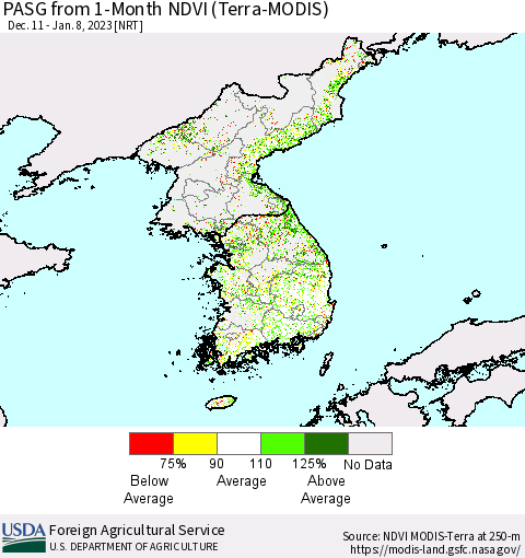 Korea PASG from 1-Month NDVI (Terra-MODIS) Thematic Map For 1/1/2023 - 1/10/2023