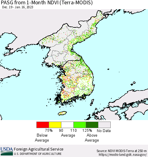 Korea PASG from 1-Month NDVI (Terra-MODIS) Thematic Map For 1/11/2023 - 1/20/2023