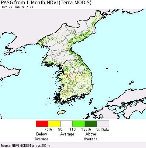 Korea PASG from 1-Month NDVI (Terra-MODIS) Thematic Map For 1/17/2023 - 1/24/2023