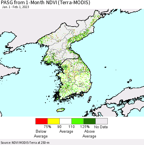Korea PASG from 1-Month NDVI (Terra-MODIS) Thematic Map For 1/25/2023 - 2/1/2023