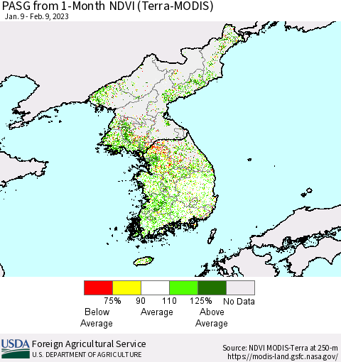 Korea PASG from 1-Month NDVI (Terra-MODIS) Thematic Map For 2/1/2023 - 2/10/2023