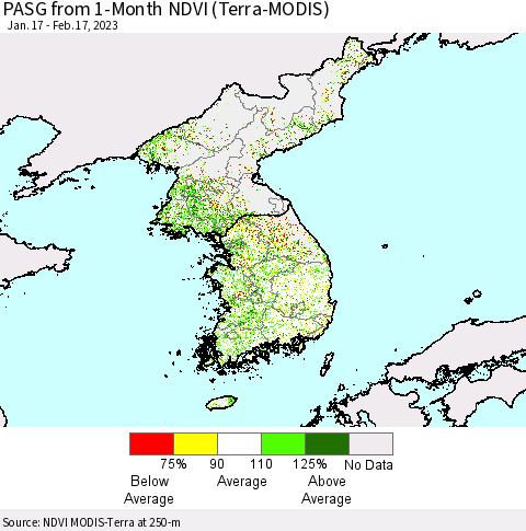 Korea PASG from 1-Month NDVI (Terra-MODIS) Thematic Map For 2/10/2023 - 2/17/2023