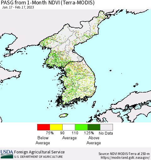 Korea PASG from 1-Month NDVI (Terra-MODIS) Thematic Map For 2/11/2023 - 2/20/2023