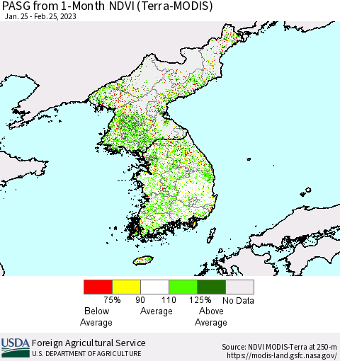 Korea PASG from 1-Month NDVI (Terra-MODIS) Thematic Map For 2/21/2023 - 2/28/2023