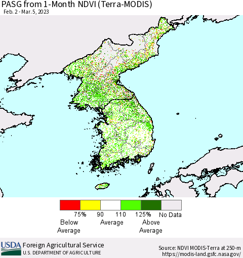 Korea PASG from 1-Month NDVI (Terra-MODIS) Thematic Map For 3/1/2023 - 3/10/2023