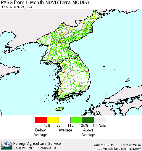 Korea PASG from 1-Month NDVI (Terra-MODIS) Thematic Map For 3/21/2023 - 3/31/2023