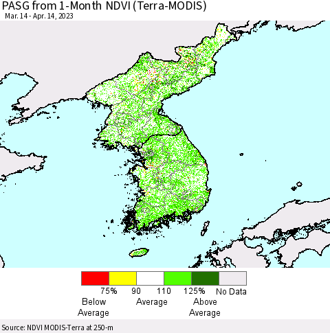 Korea PASG from 1-Month NDVI (Terra-MODIS) Thematic Map For 4/7/2023 - 4/14/2023