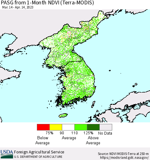 Korea PASG from 1-Month NDVI (Terra-MODIS) Thematic Map For 4/11/2023 - 4/20/2023
