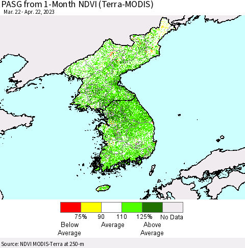 Korea PASG from 1-Month NDVI (Terra-MODIS) Thematic Map For 4/15/2023 - 4/22/2023
