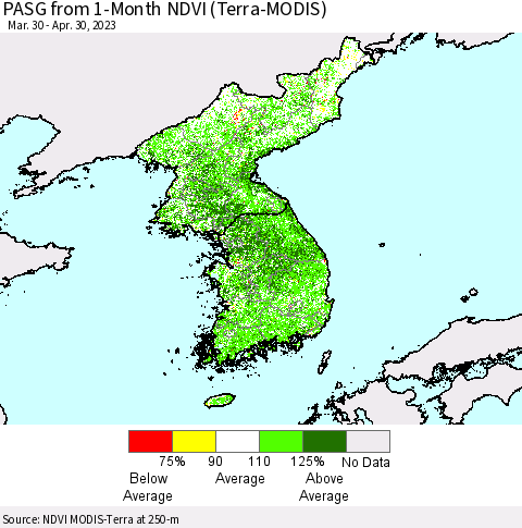 Korea PASG from 1-Month NDVI (Terra-MODIS) Thematic Map For 4/21/2023 - 4/30/2023