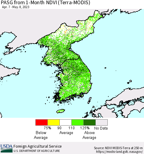 Korea PASG from 1-Month NDVI (Terra-MODIS) Thematic Map For 5/1/2023 - 5/10/2023