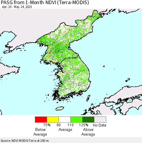 Korea PASG from 1-Month NDVI (Terra-MODIS) Thematic Map For 5/17/2023 - 5/24/2023