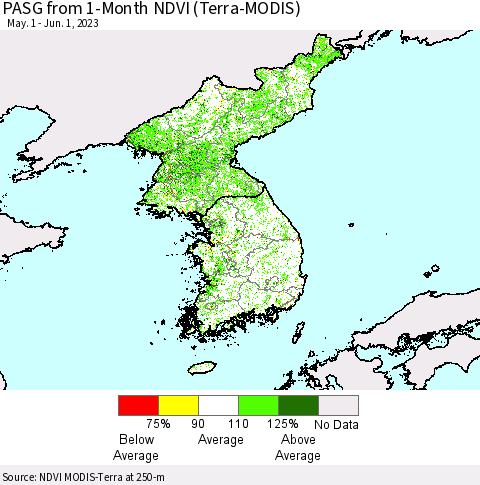 Korea PASG from 1-Month NDVI (Terra-MODIS) Thematic Map For 5/25/2023 - 6/1/2023