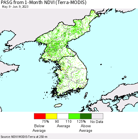 Korea PASG from 1-Month NDVI (Terra-MODIS) Thematic Map For 6/2/2023 - 6/9/2023