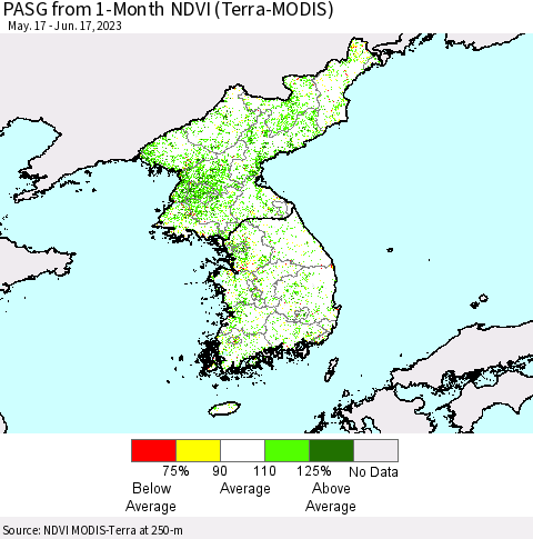 Korea PASG from 1-Month NDVI (Terra-MODIS) Thematic Map For 6/10/2023 - 6/17/2023