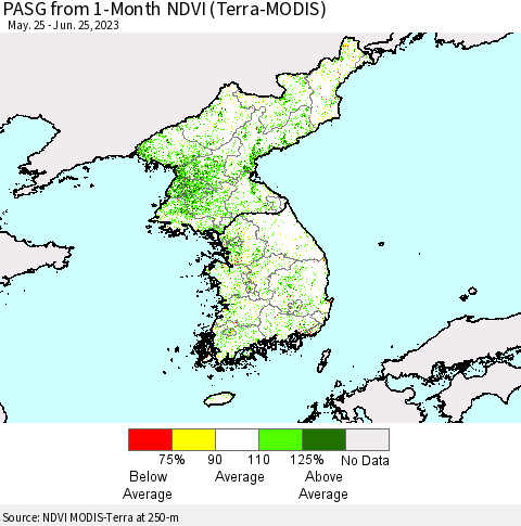 Korea PASG from 1-Month NDVI (Terra-MODIS) Thematic Map For 6/18/2023 - 6/25/2023