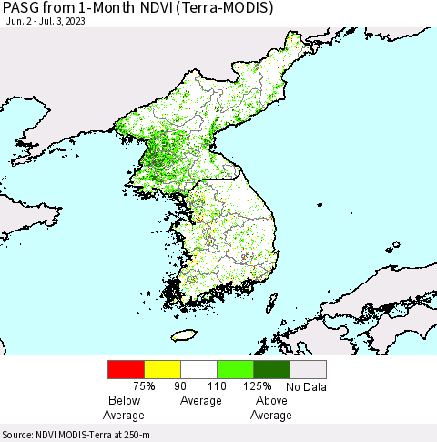 Korea PASG from 1-Month NDVI (Terra-MODIS) Thematic Map For 6/26/2023 - 7/3/2023