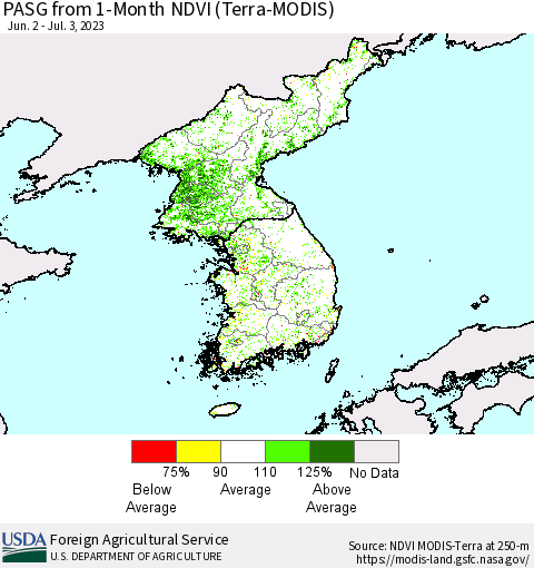 Korea PASG from 1-Month NDVI (Terra-MODIS) Thematic Map For 7/1/2023 - 7/10/2023