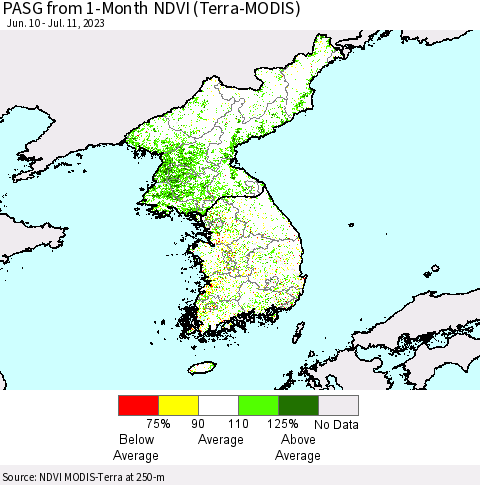 Korea PASG from 1-Month NDVI (Terra-MODIS) Thematic Map For 7/4/2023 - 7/11/2023