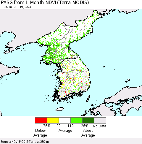 Korea PASG from 1-Month NDVI (Terra-MODIS) Thematic Map For 7/12/2023 - 7/19/2023