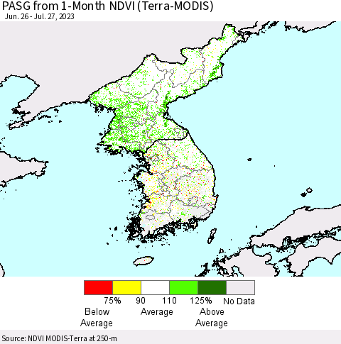Korea PASG from 1-Month NDVI (Terra-MODIS) Thematic Map For 7/20/2023 - 7/27/2023