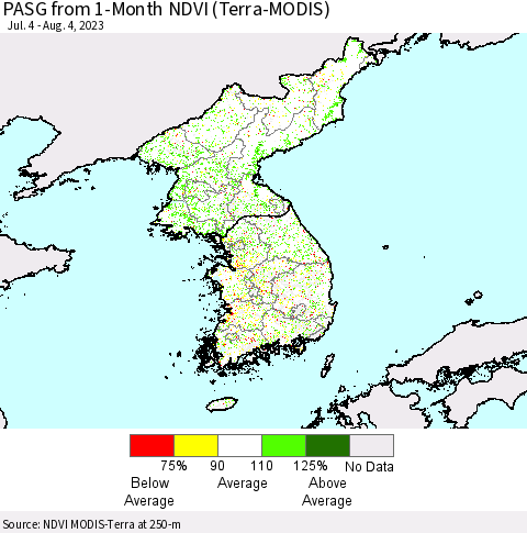 Korea PASG from 1-Month NDVI (Terra-MODIS) Thematic Map For 7/28/2023 - 8/4/2023