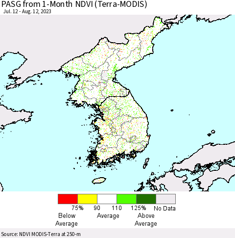 Korea PASG from 1-Month NDVI (Terra-MODIS) Thematic Map For 8/5/2023 - 8/12/2023