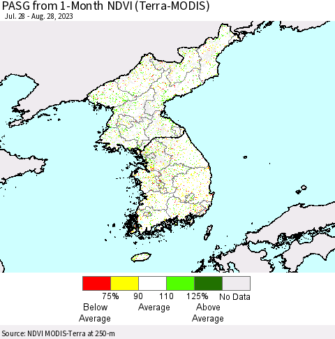 Korea PASG from 1-Month NDVI (Terra-MODIS) Thematic Map For 8/21/2023 - 8/28/2023