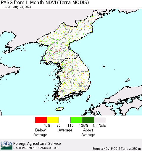 Korea PASG from 1-Month NDVI (Terra-MODIS) Thematic Map For 8/21/2023 - 8/31/2023