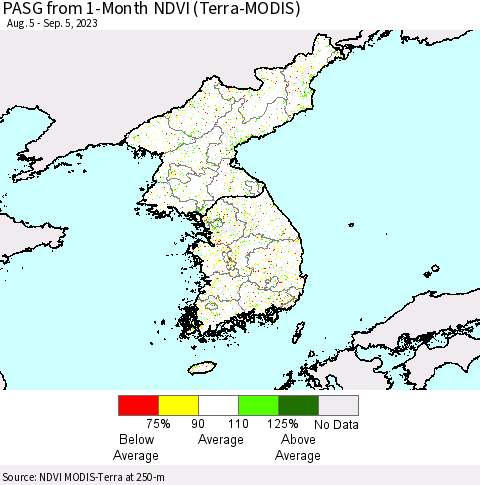 Korea PASG from 1-Month NDVI (Terra-MODIS) Thematic Map For 8/29/2023 - 9/5/2023