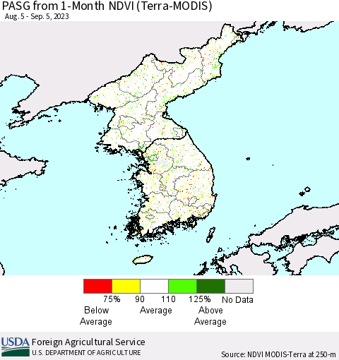 Korea PASG from 1-Month NDVI (Terra-MODIS) Thematic Map For 9/1/2023 - 9/10/2023