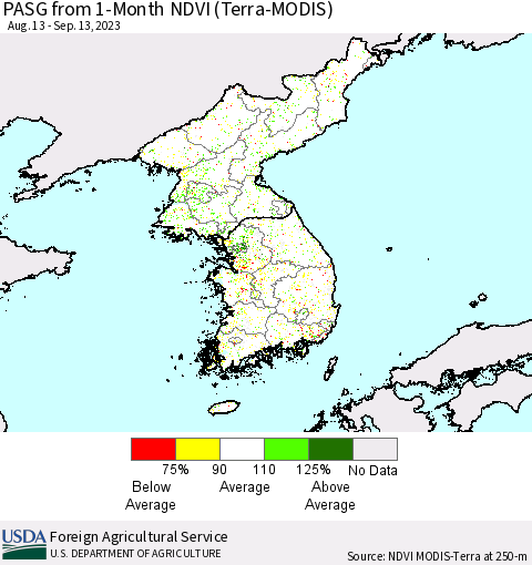 Korea PASG from 1-Month NDVI (Terra-MODIS) Thematic Map For 9/11/2023 - 9/20/2023