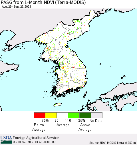 Korea PASG from 1-Month NDVI (Terra-MODIS) Thematic Map For 9/21/2023 - 9/30/2023